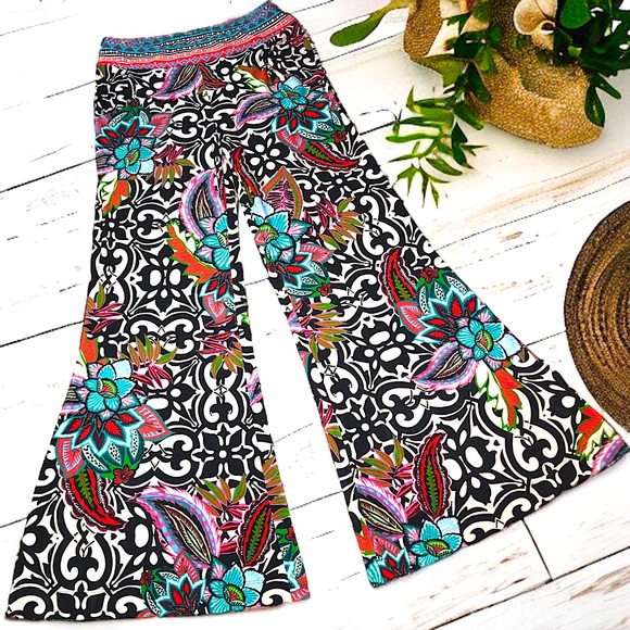 Joseph Ribkoff Pants - Bright Floral Paisley Print Stretchy Flared Palazzo Yoga Bell Bottom Pants